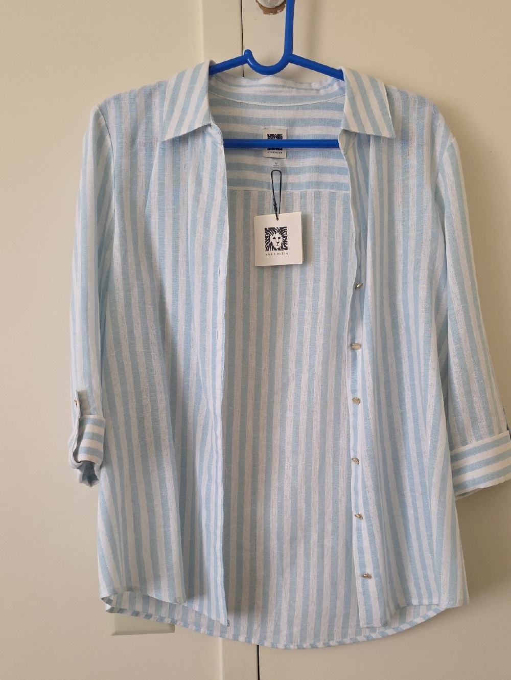 Anne Klein Light Blue and White Vertical Stripe Button-Down Shirt